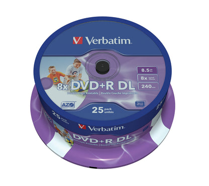 Verbatim 43667 8.5GB 8x Double Layer DVD+R Inkjet Printable - 25 Pack Spindle