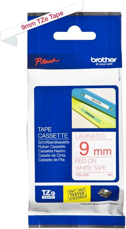 Brother TZe-222 Labelling Tape Cassette, 9 mm (W) x 8 m (L), Laminated, Brother Genuine Supplies