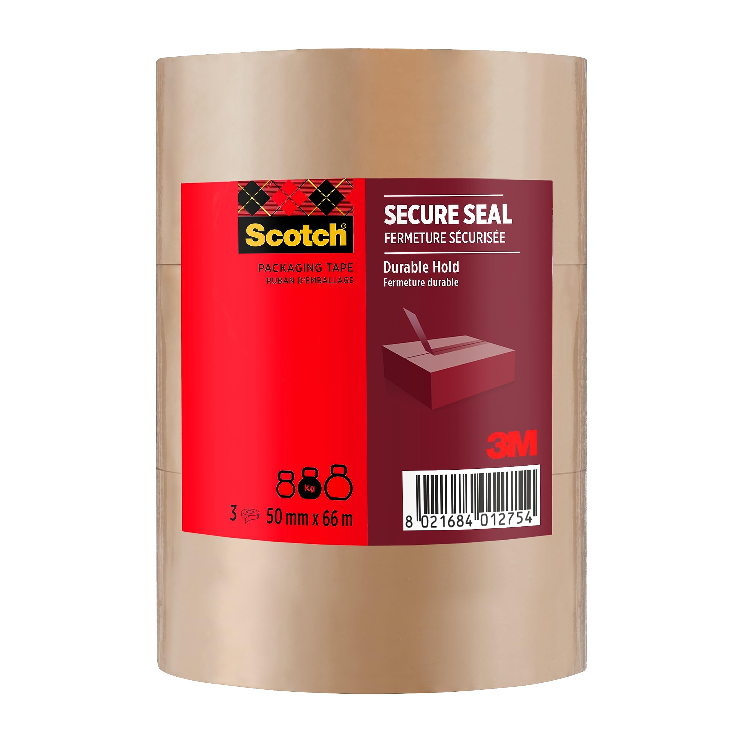 Scotch Cinta Adhesiva de Embalaje Marrón, 3 Rollos Cinta de Embalar, 50 mm x 66 m - de Calidad para Cerrar Cajas, Cartones y Paquetes