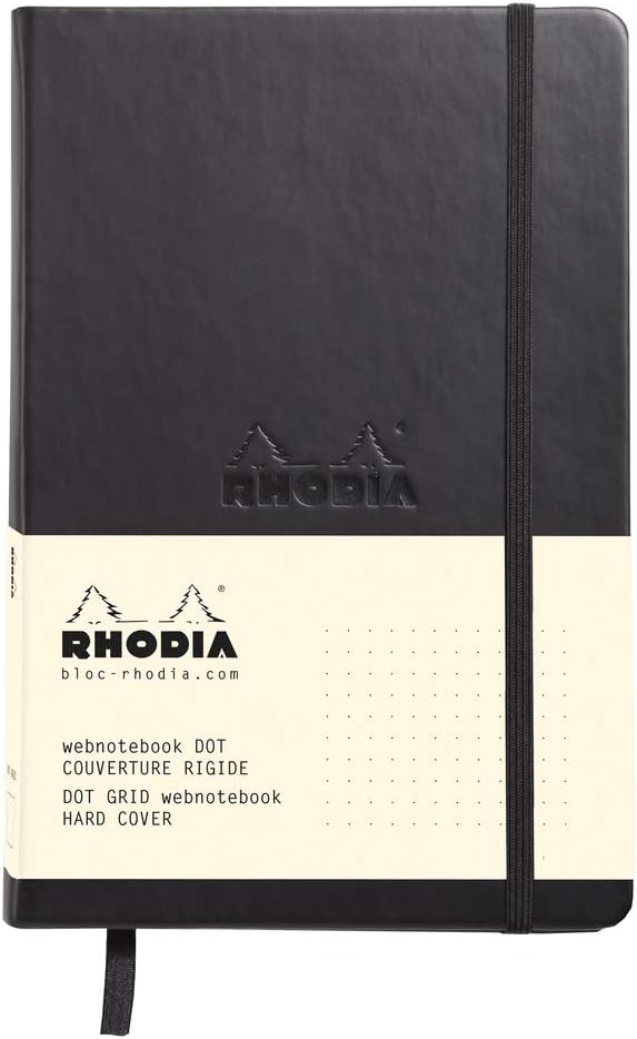 RHODIA 118769C - Rigid Notebook Webnotebook Black - A5 - Dotted Dot - 192 pages - Clairefontaine Ivory Paper 90 g/m - Bookmark, Elastic Closure - Faux Leather Cover