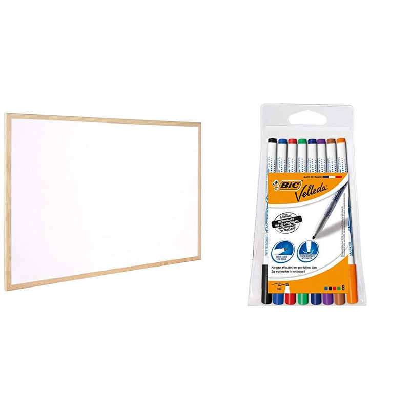 Q-Connect 400x300mm Wooden Frame Whiteboard &BIC Velleda 1721 Whiteboard Pens - Assorted Colours, Pouch of 8