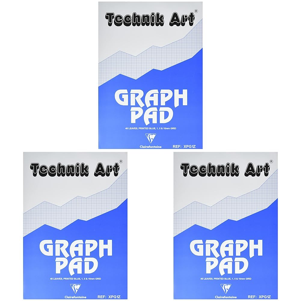 Exacompta Clairefontaine - Ref XPG1Z - Technik Art - Graph Pad, A4 210 x 297mm, 1/5/10mm Blue Printed Grid Pattern, 40 Sheets Per Pad, Suitable for Photocopying - Blue & White (Pack of 3