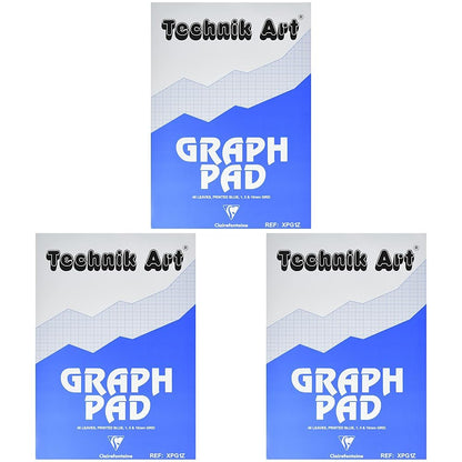 Exacompta Clairefontaine - Ref XPG1Z - Technik Art - Graph Pad, A4 210 x 297mm, 1/5/10mm Blue Printed Grid Pattern, 40 Sheets Per Pad, Suitable for Photocopying - Blue & White (Pack of 3