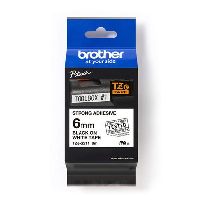 Brother TZe-S211 Labelling Tape Cassette, Black on White, 6mm (W) x 8M (L), Strong Adhesive, Brother Genuine Supplies