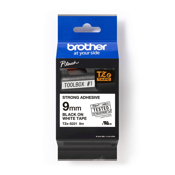 Brother TZe-S221 Labelling Tape Cassette, Black on White, 9mm (W) x 8M (L), Strong Adhesive, Brother Genuine Supplies