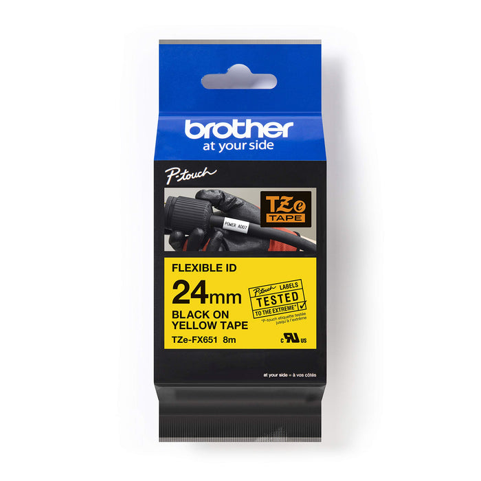 Brother TZe-FX651 Labelling Tape Cassette, Black on Yellow, 24mm (W) x 8M (L), Flexible ID, Brother Genuine Supplies