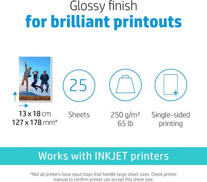 HP Q8696A, 13 x 18 cm Borderless, Advanced Glossy Photo Paper, 250 gsm, 25 Sheets, White