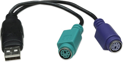 Manhattan USB-A to PS/2 Converter cable, 15cm, Male to Female, Black, Connects Two PS/2 Devices via One USB-A Port, Blister
