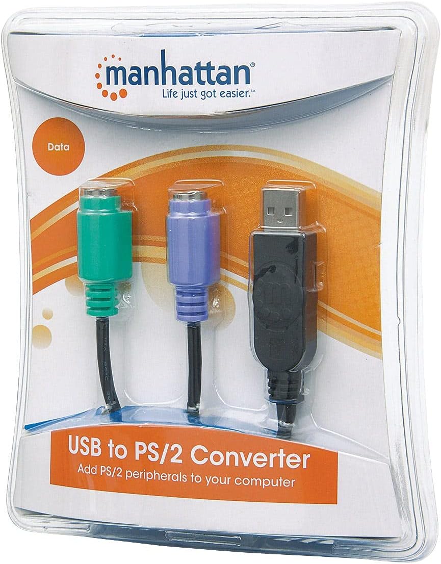 Manhattan USB-A to PS/2 Converter cable, 15cm, Male to Female, Black, Connects Two PS/2 Devices via One USB-A Port, Blister