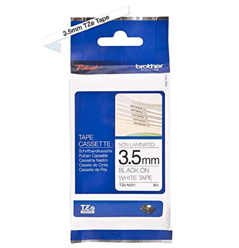 Brother TZe-N201 Labelling Tape Cassette, Black on White, 3.5mm (W) x 8M (L), Non-Laminated, Brother Genuine Supplies, TZEN201