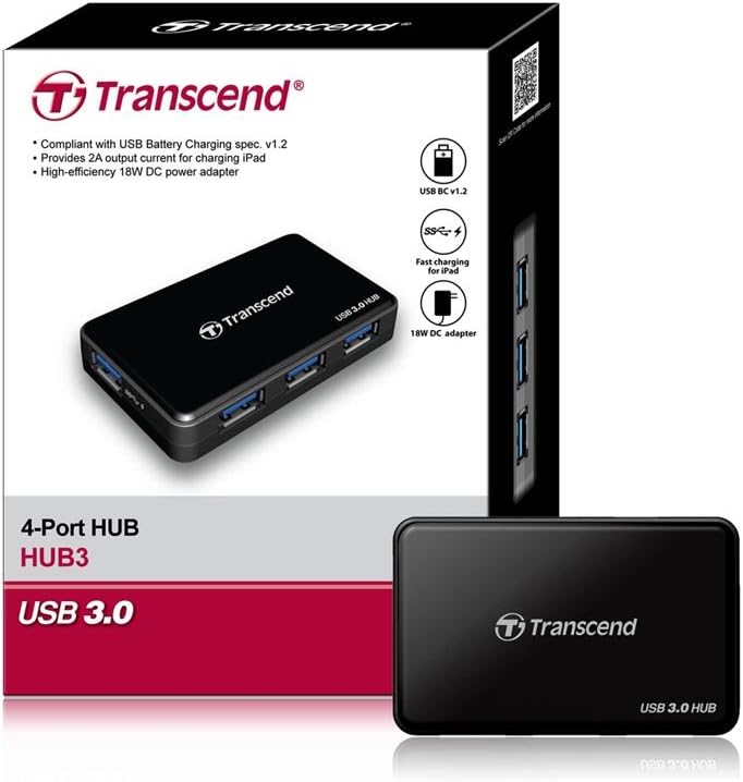 Transcend HUB3 4-port USB Hub - USB3.0 - with power supply