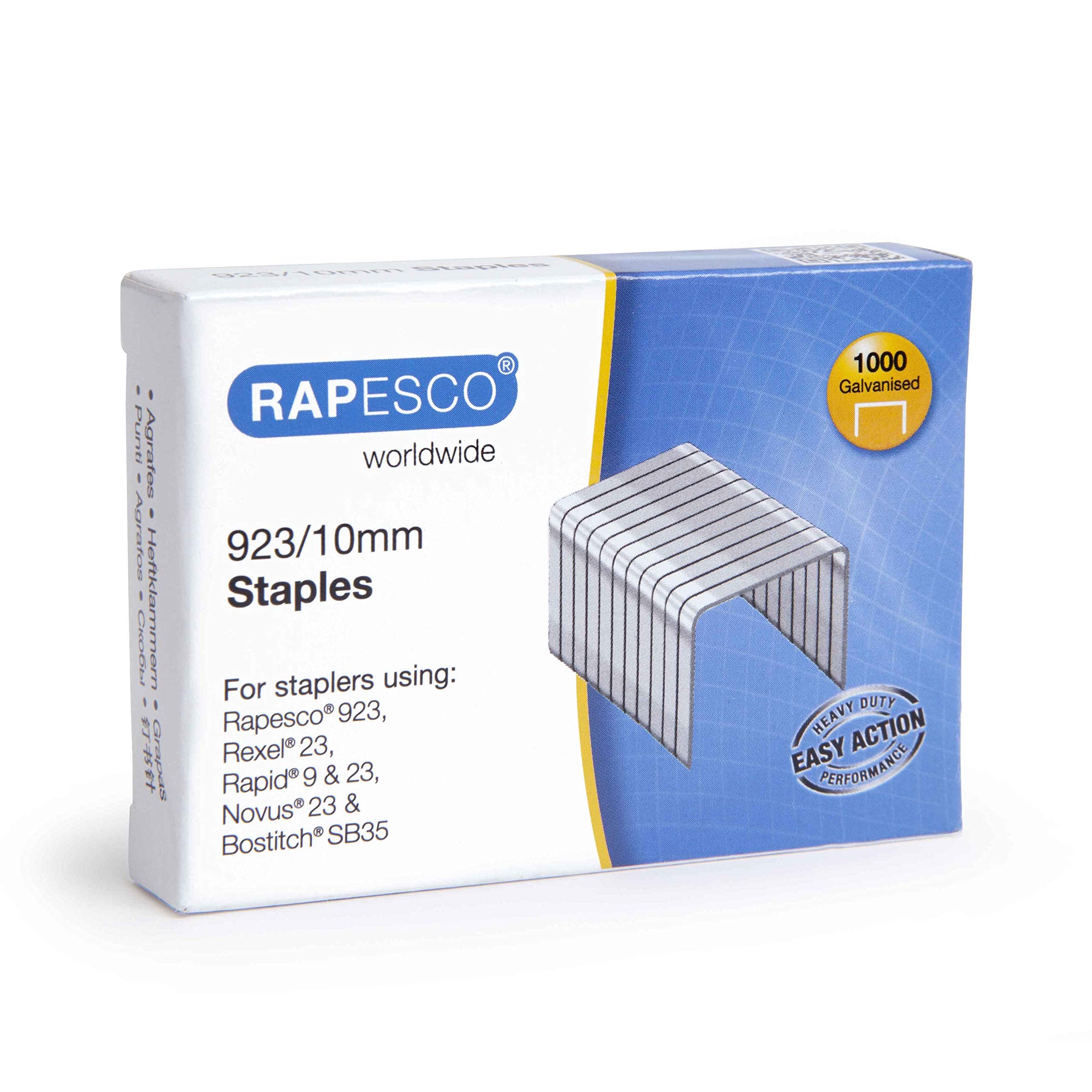Rapesco 1237 923/10 mm Galvanised Staples, Type 23, Box of 1000