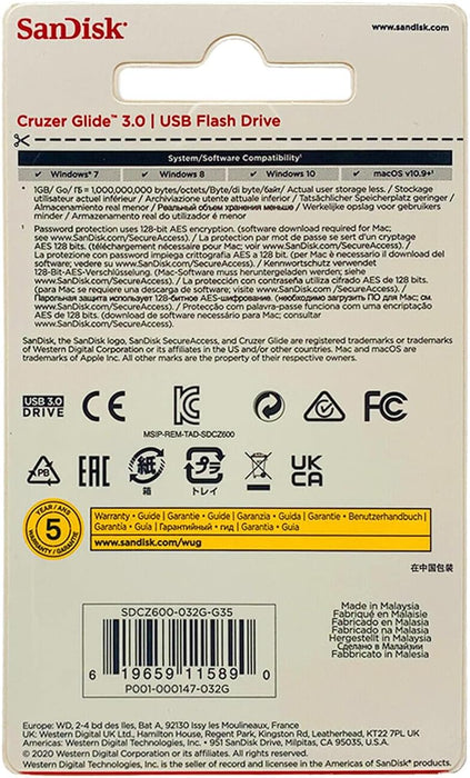 SanDisk Cruzer Glide 2.0 USB-Flash-Laufwerk 32 GB (Teilen, Speichern und Schützen von Dateien, SecureAccess Software, 128-bit AES Verschlüsselung, Kennwortschutz