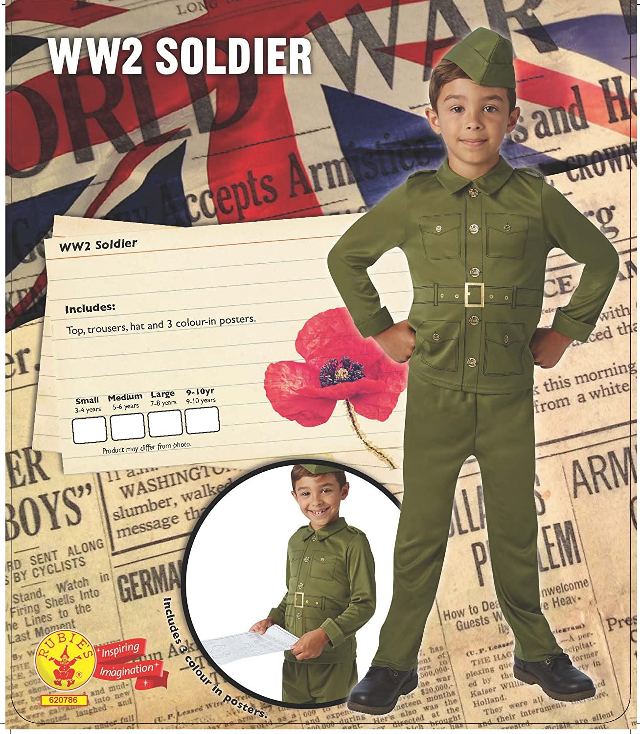 Rubie's Official WW2 Soldier Children's Costume, Kids Fancy Dress