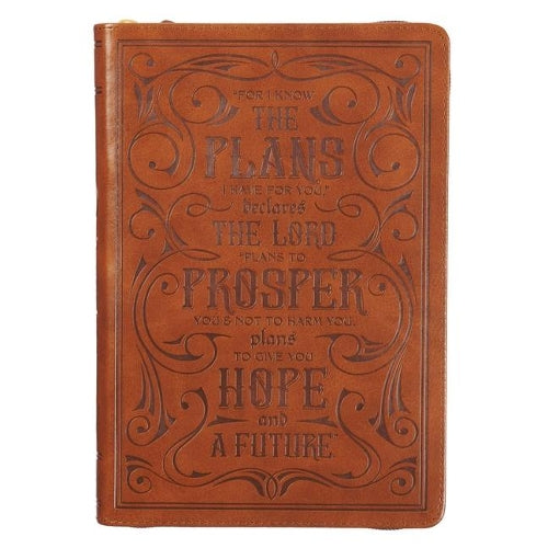 Classic Faux Leather Journal for I Know the Plans Jeremiah 29:11 Bible Verse Bible Verse Brown Inspirational Notebook, Lined Pages W/Scripture, Ribbon Marker, Zipper Closure