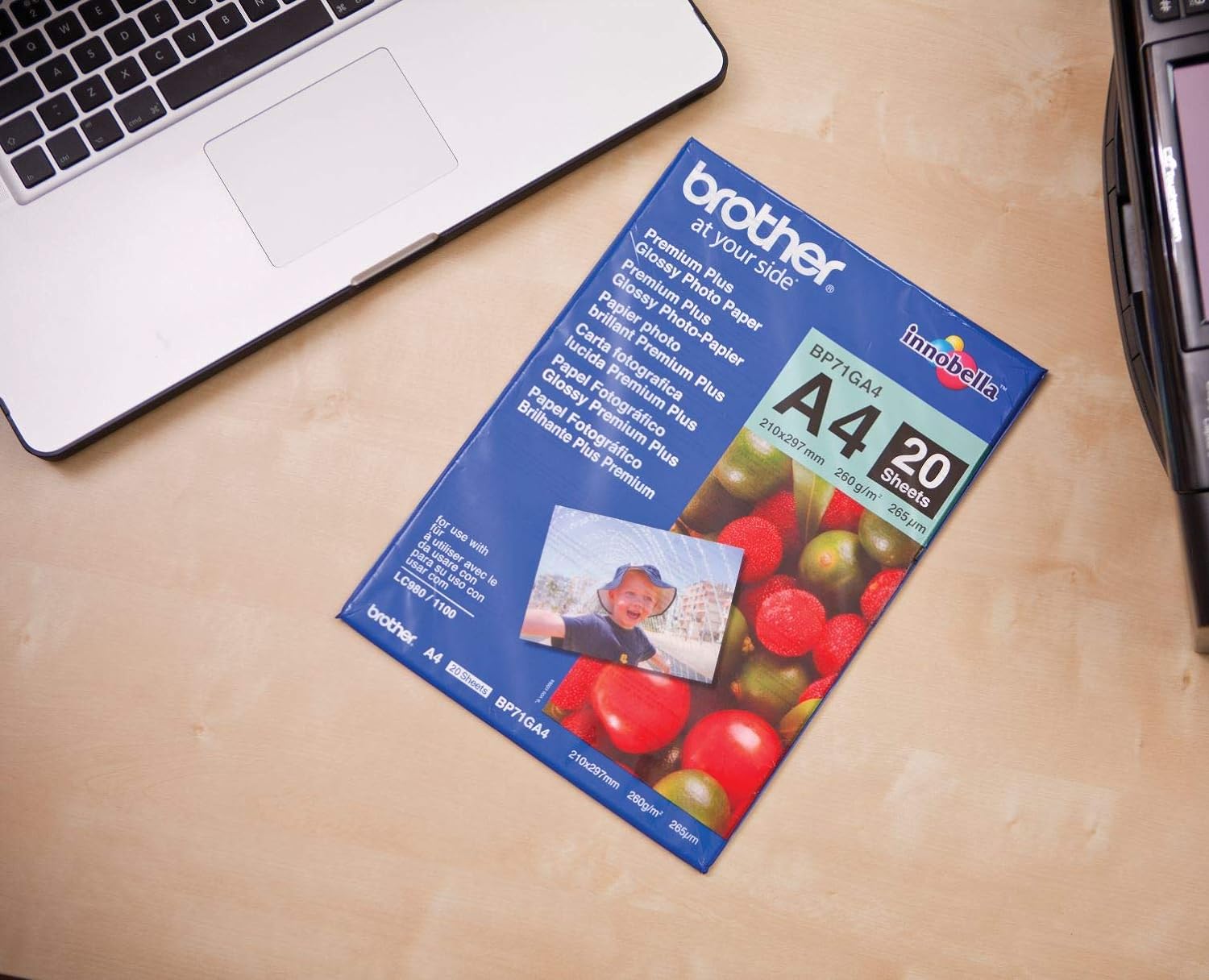 Brother BP71GA4 Photo Paper, A4, Premium Plus Glossy, 297 mm (W) x 210 mm (L), 20 Sheets, Brother Genuine Supplies