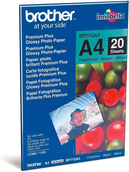 Brother BP71GA4 Photo Paper, A4, Premium Plus Glossy, 297 mm (W) x 210 mm (L), 20 Sheets, Brother Genuine Supplies