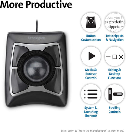 Kensington Expert Mouse - Wired Ergonomic TrackBall Mouse for PC, Mac and Windows with Scroll Ring, Ambidextrous Design and Optical Tracking - Grey (64325