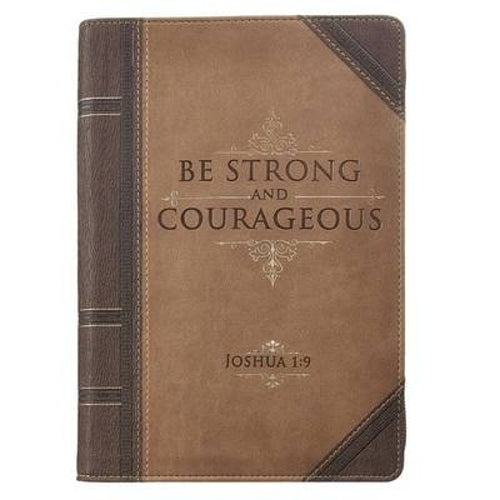 Classic Faux Leather Journal Strong and Courageous Joshua 1:9 Bible Verse Antiqued Brown Inspirational Notebook, Lined Pages W/Scripture, Ribbon Marker, Zipper Closure