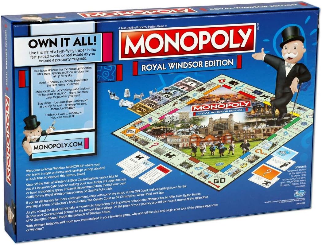 Winning Moves Royal Windsor Monopoly Board Game, Advance to the Windsor Lawn Tennis Club, Cinnamon Cafe, or even Windsor Castle and trade your way to success, makes a great gift for ages 8 plus