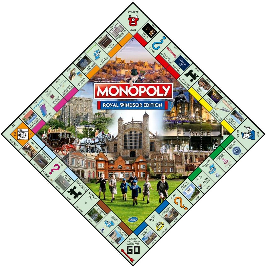 Winning Moves Royal Windsor Monopoly Board Game, Advance to the Windsor Lawn Tennis Club, Cinnamon Cafe, or even Windsor Castle and trade your way to success, makes a great gift for ages 8 plus