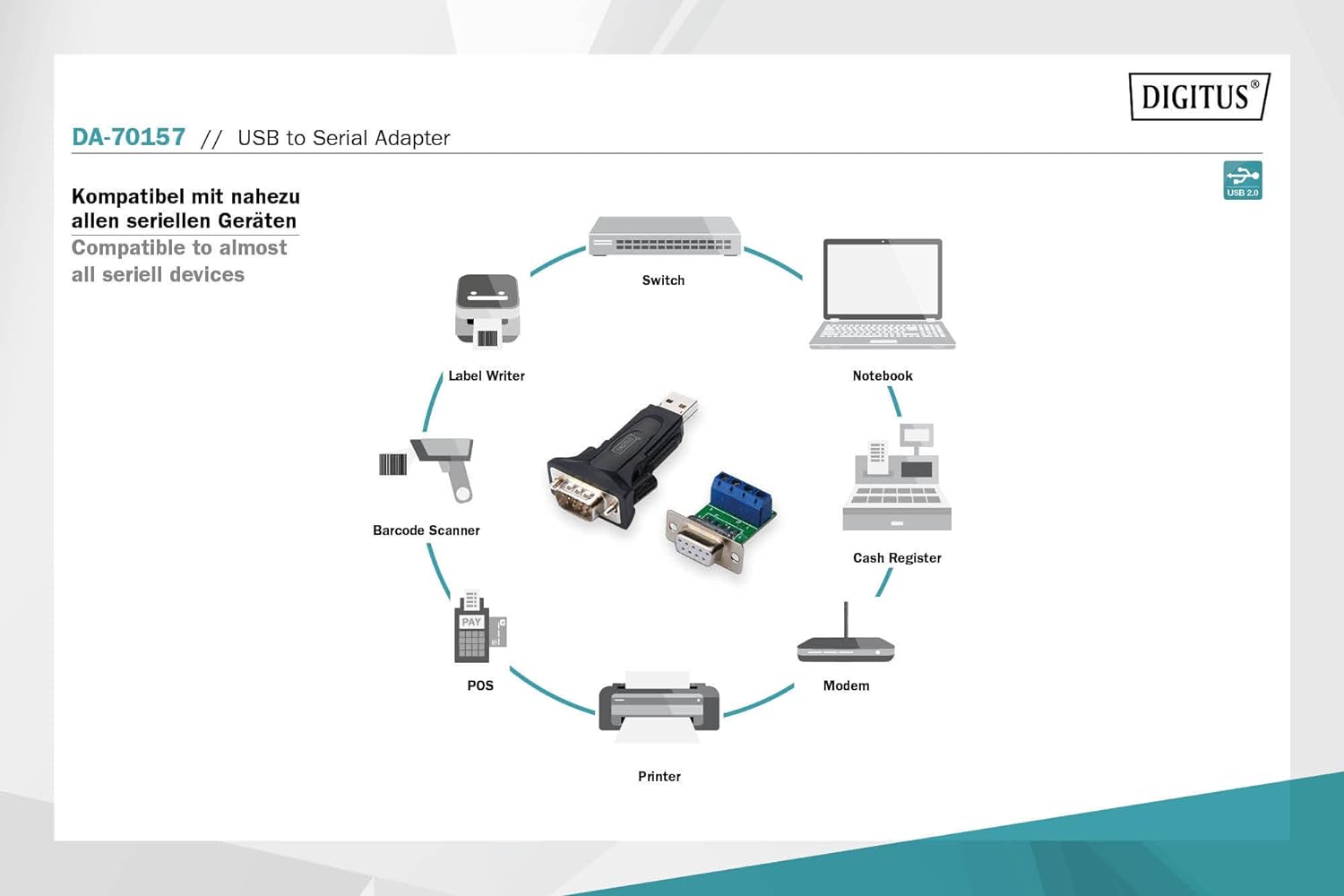 DIGITUS USB to serial adapter - RS485 converter - USB 2.0 Type-A to DSUB 9M - FTDI FT232RL chipset - Incl. 80 cm cable
