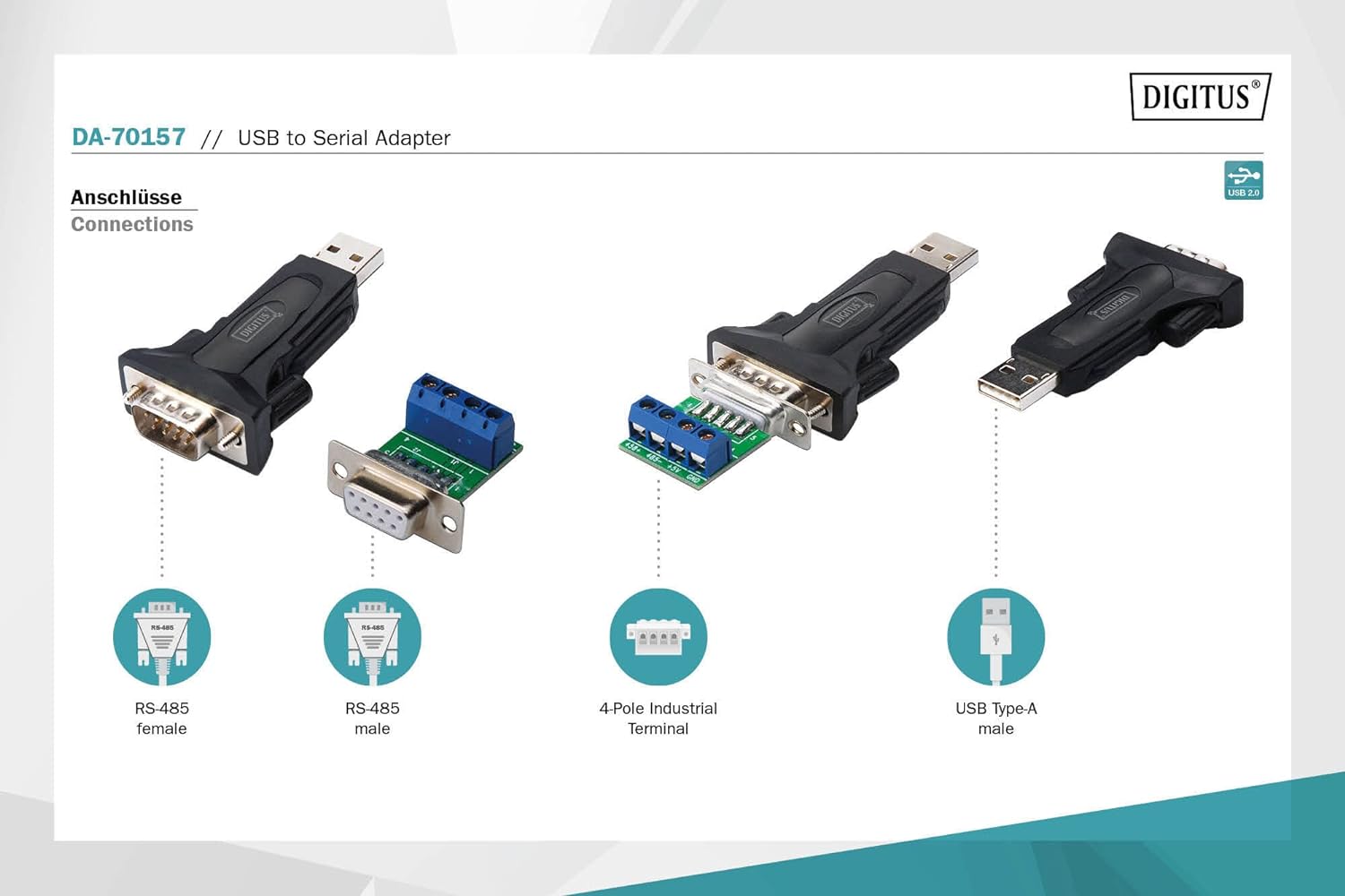 DIGITUS USB to serial adapter - RS485 converter - USB 2.0 Type-A to DSUB 9M - FTDI FT232RL chipset - Incl. 80 cm cable