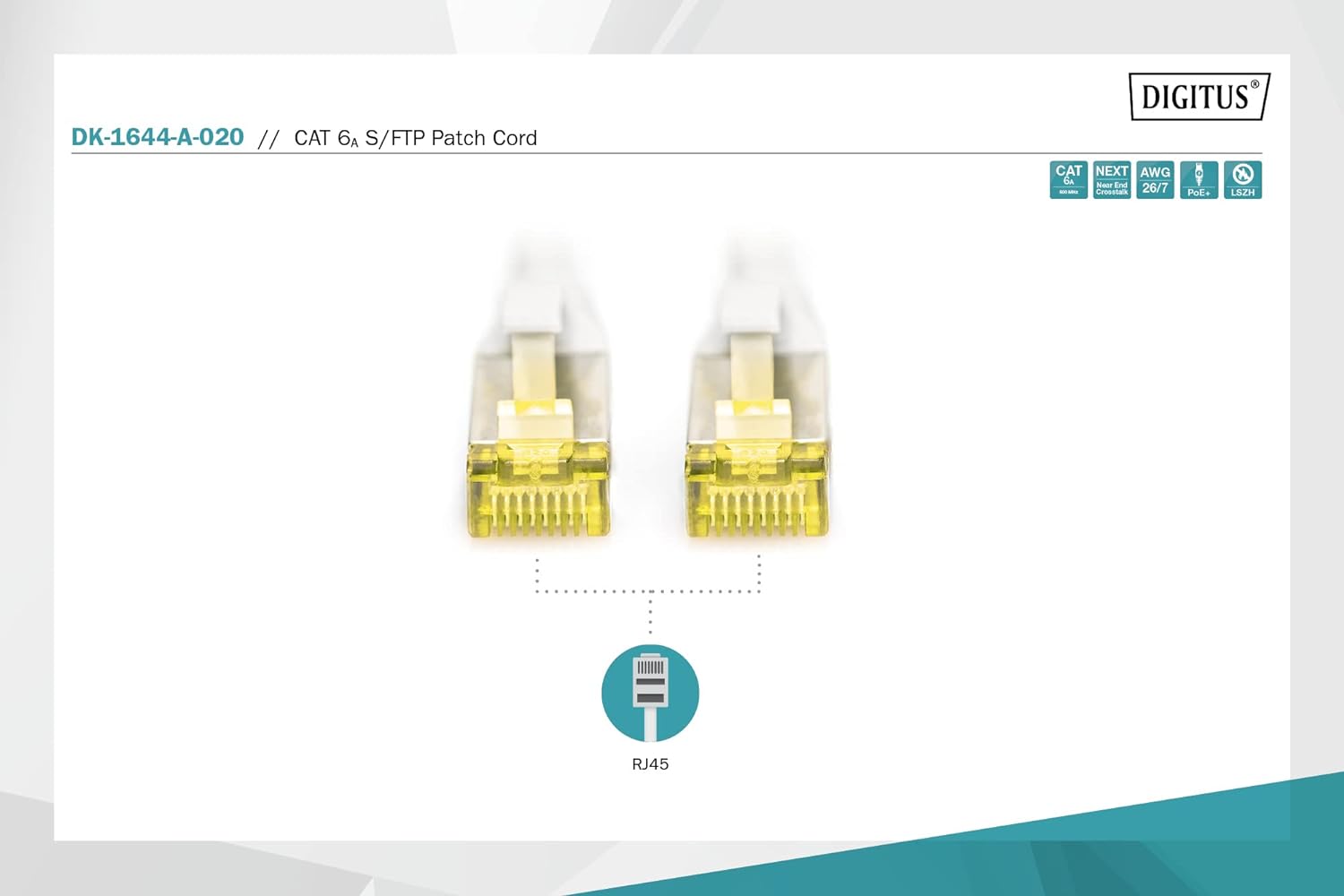 DIGITUS 2 m Cat6 A S/FTP Network Cable – (Cat6 a, S/FTP (S-STP), RJ-45, RJ-45, Male/Male, -20 – 60 °C