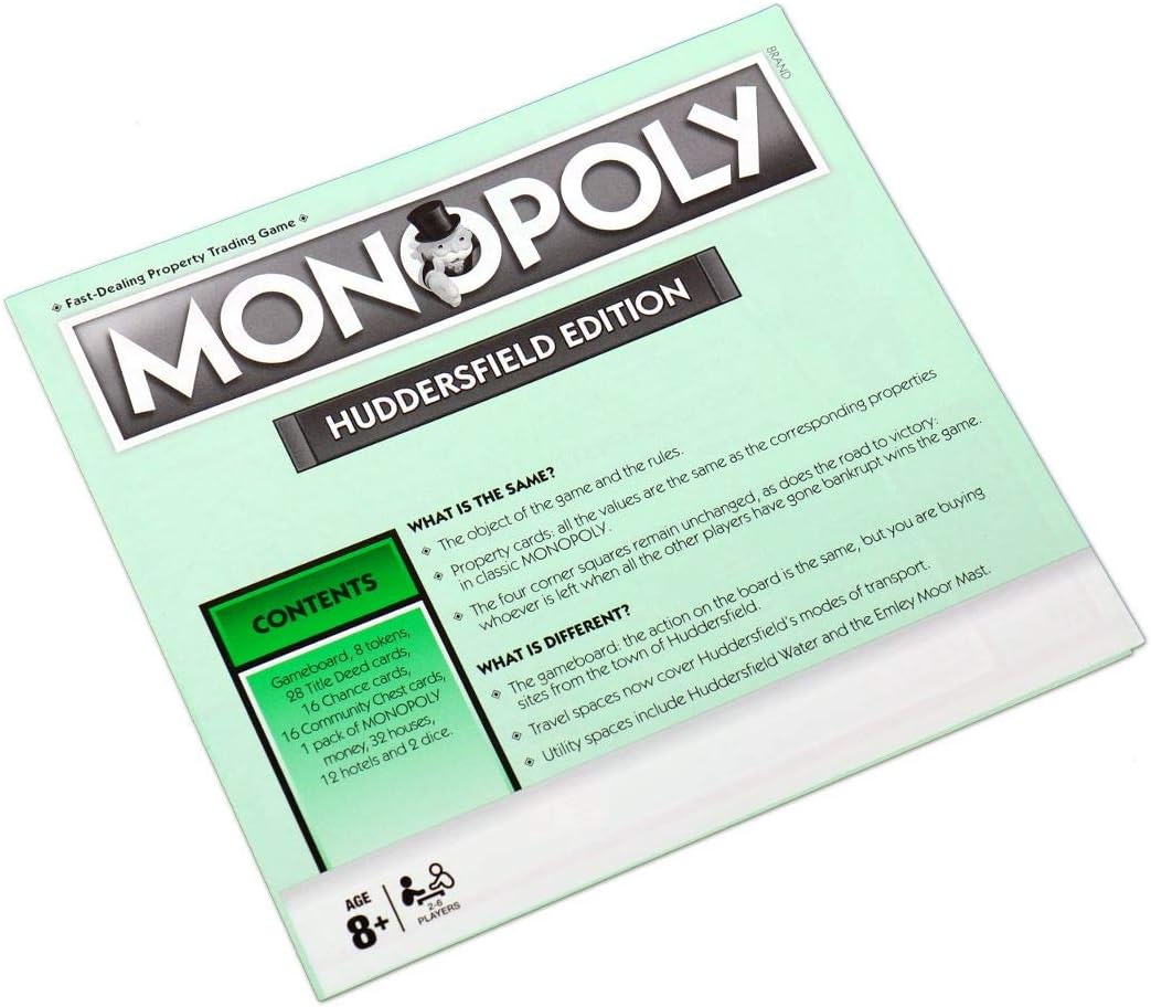Winning Moves Huddersfield Monopoly Board Game, Advance to Stafflex, The Mount School, Huddersfield Lawn Tennis and Squash Club and trade your way to success, makes a great gift for ages 8 plus