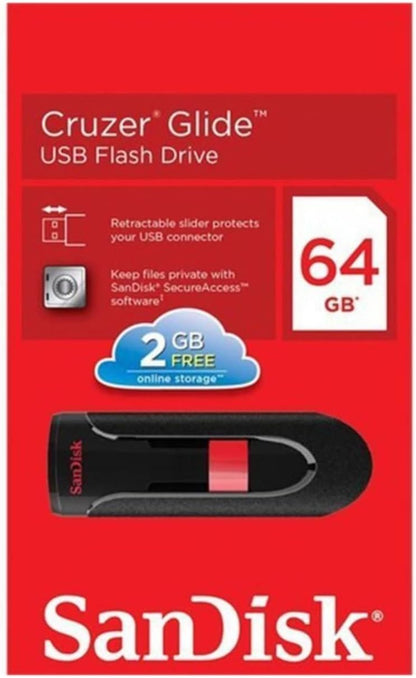 SanDisk Cruzer Glide 64 GB USB Flash Drive USB 2.0, Black & Red