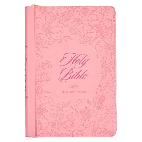 KJV Holy Bible, Thinline Large Print Faux Leather Red Letter Edition - Thumb Index & Ribbon Marker, King James Version, Pink, Zipper Closure