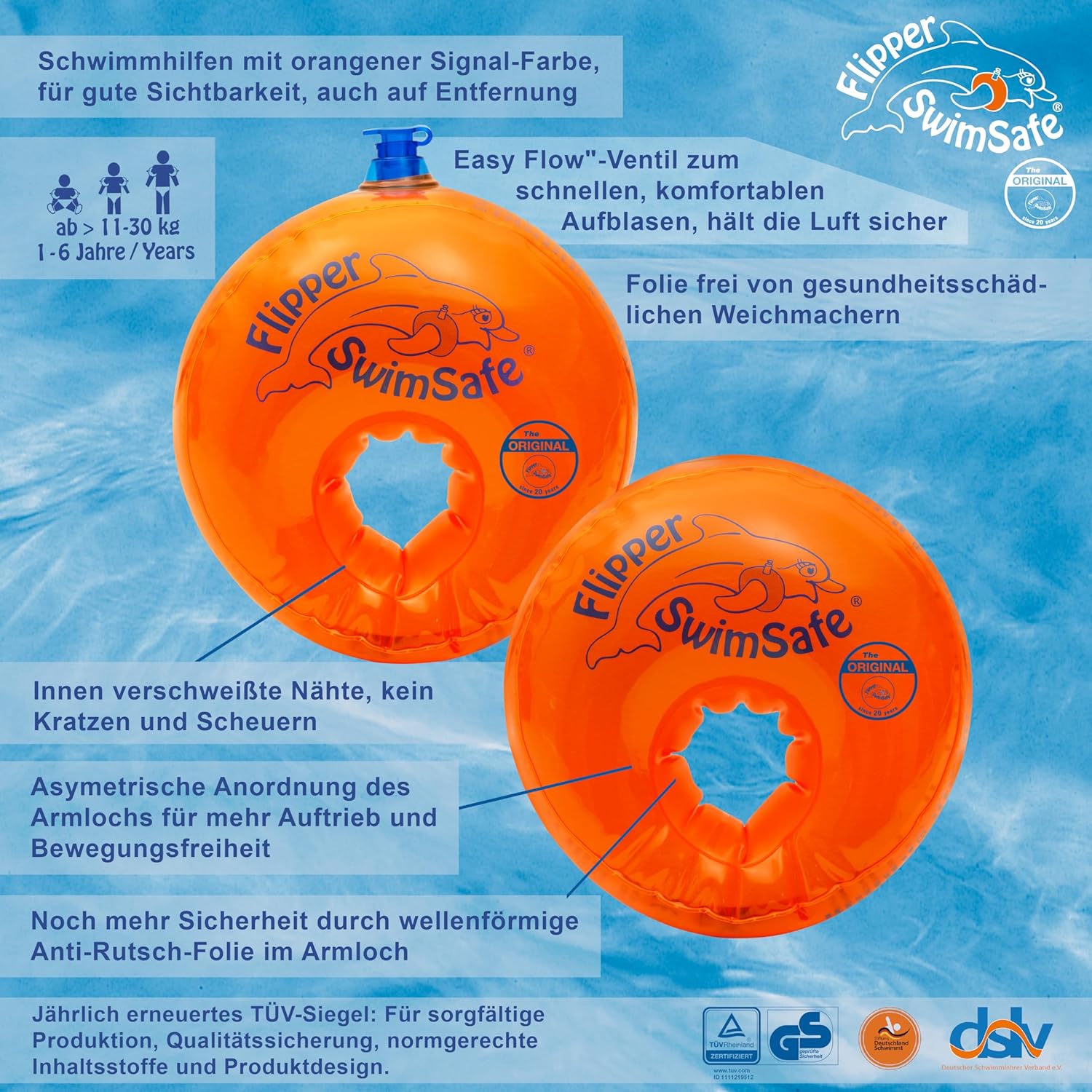 Flipper Swimsafe 1010 - Armbands for babies from 12 months, safe swimming aid with unbreakable PE foam core for learning to swim