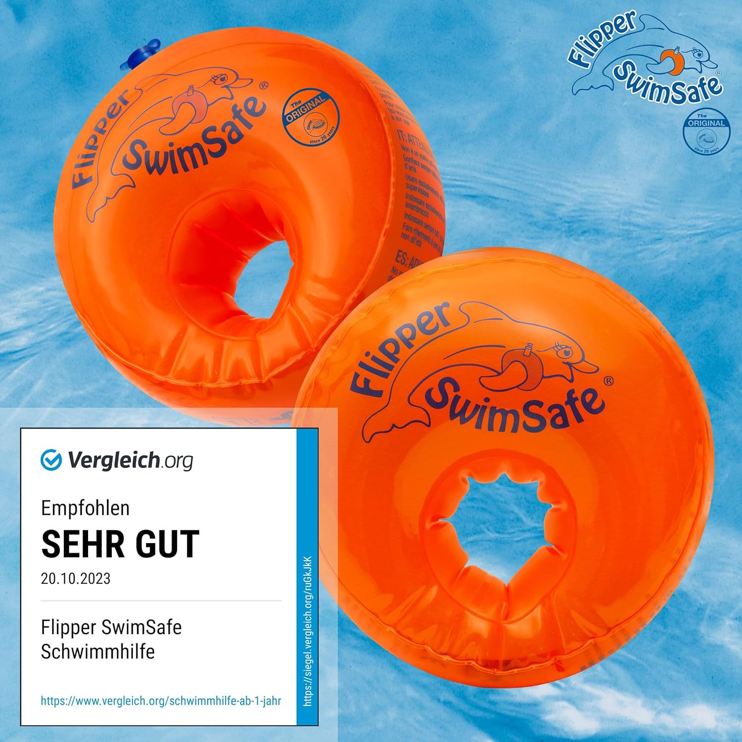 Flipper Swimsafe 1010 - Armbands for babies from 12 months, safe swimming aid with unbreakable PE foam core for learning to swim