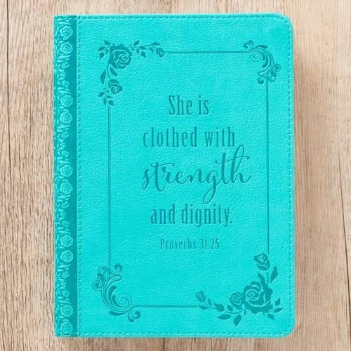 Christian Art Gifts Classic Handy-Sized Journal Strength and Dignity Proverbs 31 Woman Bible Verse Inspirational Scripture Notebook W/Ribbon, Faux Leather Flexcover 240 Ruled Pages, 5.7 X 7, Teal