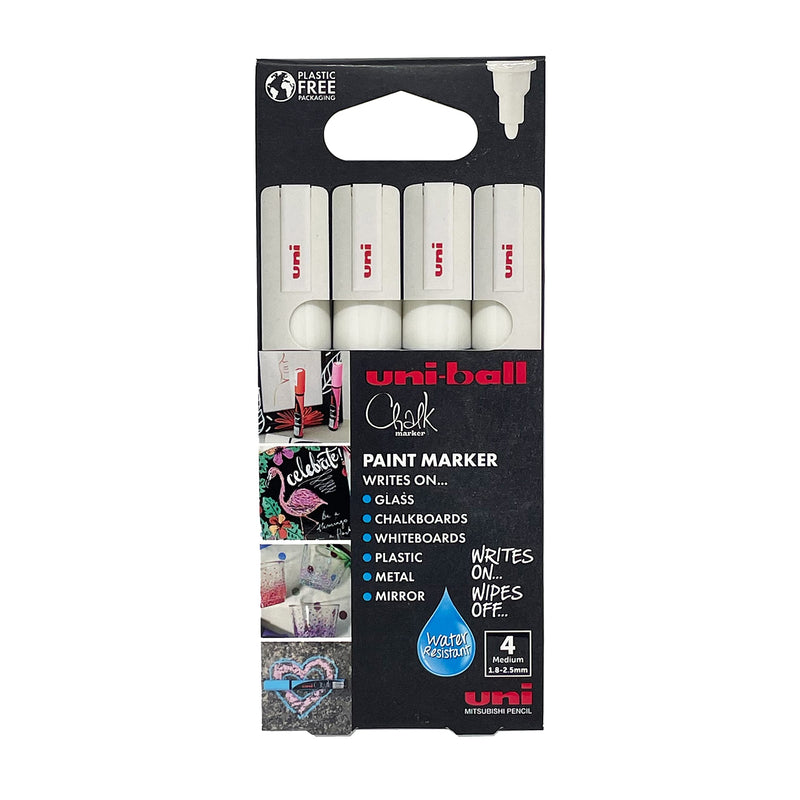Uni-Ball F804500 522598 uni Chalk Marker, Broad Bullet Tip - White, Pack of 4
