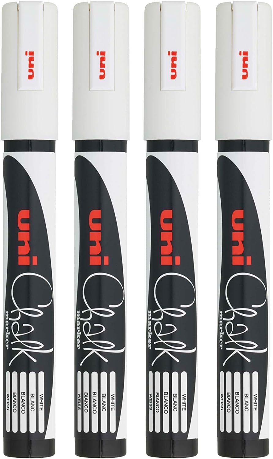 Uni-Ball F804500 522598 uni Chalk Marker, Broad Bullet Tip - White, Pack of 4
