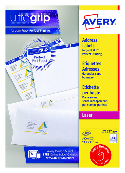 Avery Self Adhesive Address Mailing Labels, Laser Printers, 16 Labels Per A4 Sheet, 1600 labels, Ultragrip (L7162), White, 100 Sheets
