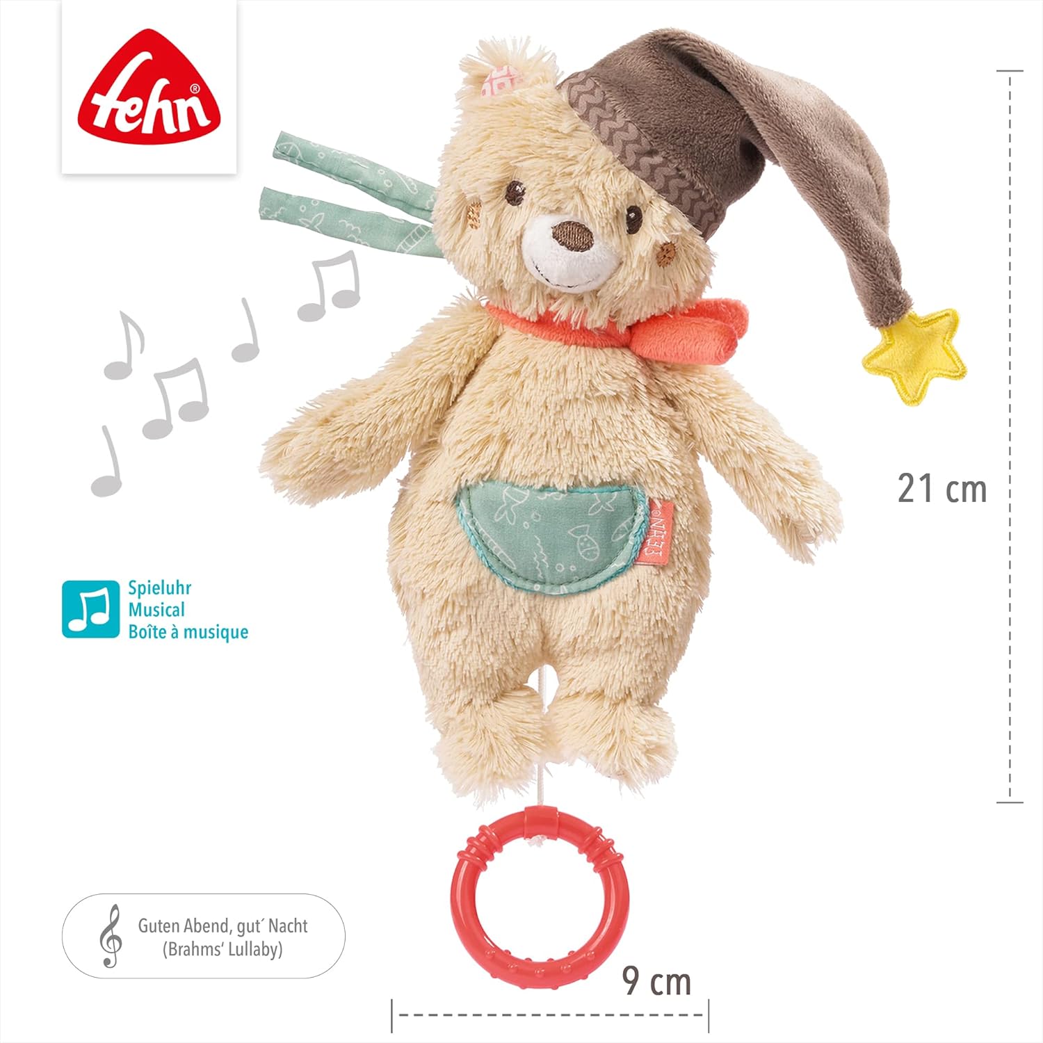 Fehn Peluche Musicale en Forme D’Ours - avec Douce Mélodie de la "Berceuse de Mozart" pour aider à S’endormir - Jouets pour bébés en voyage et à la maison - pour bébés et jeunes enfants