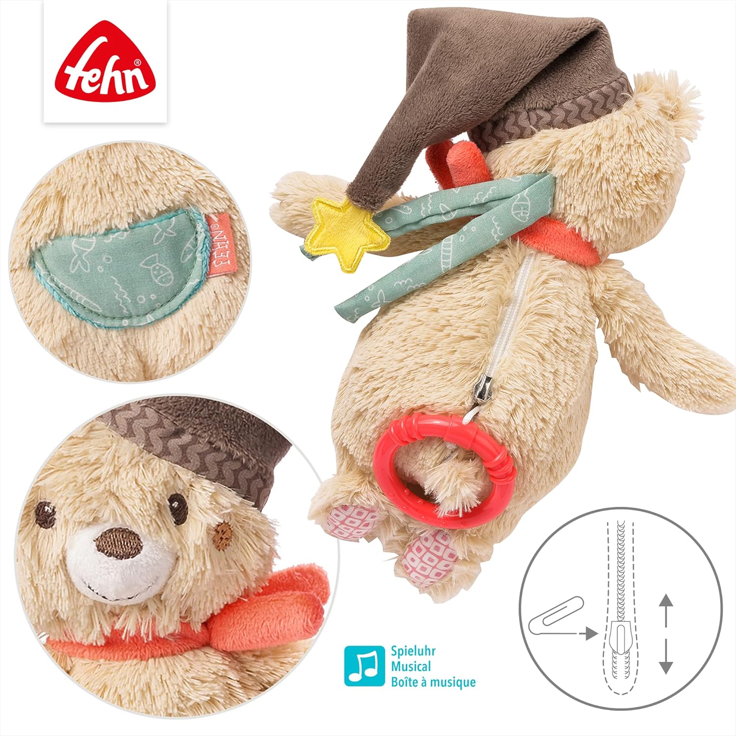 Fehn Peluche Musicale en Forme D’Ours - avec Douce Mélodie de la "Berceuse de Mozart" pour aider à S’endormir - Jouets pour bébés en voyage et à la maison - pour bébés et jeunes enfants