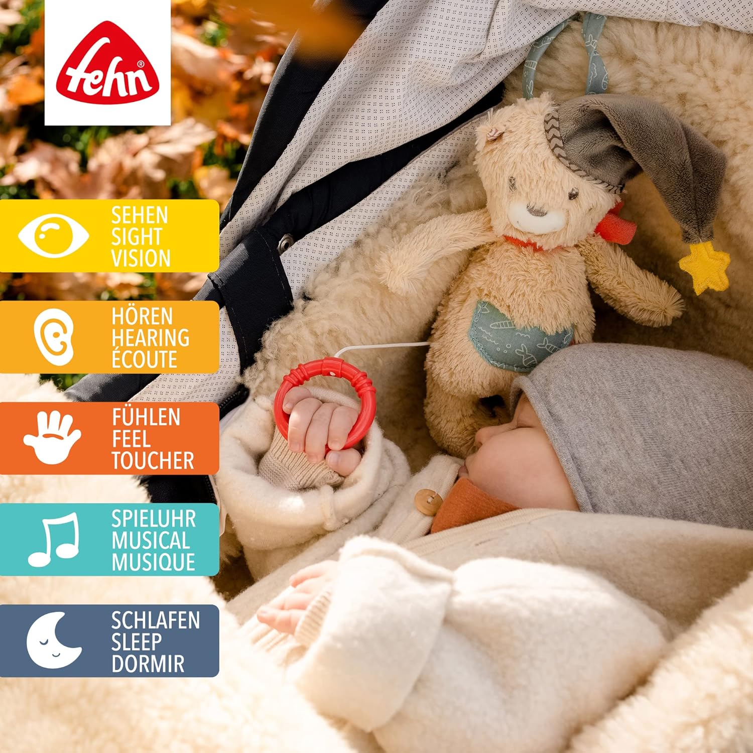 Fehn Peluche Musicale en Forme D’Ours - avec Douce Mélodie de la "Berceuse de Mozart" pour aider à S’endormir - Jouets pour bébés en voyage et à la maison - pour bébés et jeunes enfants