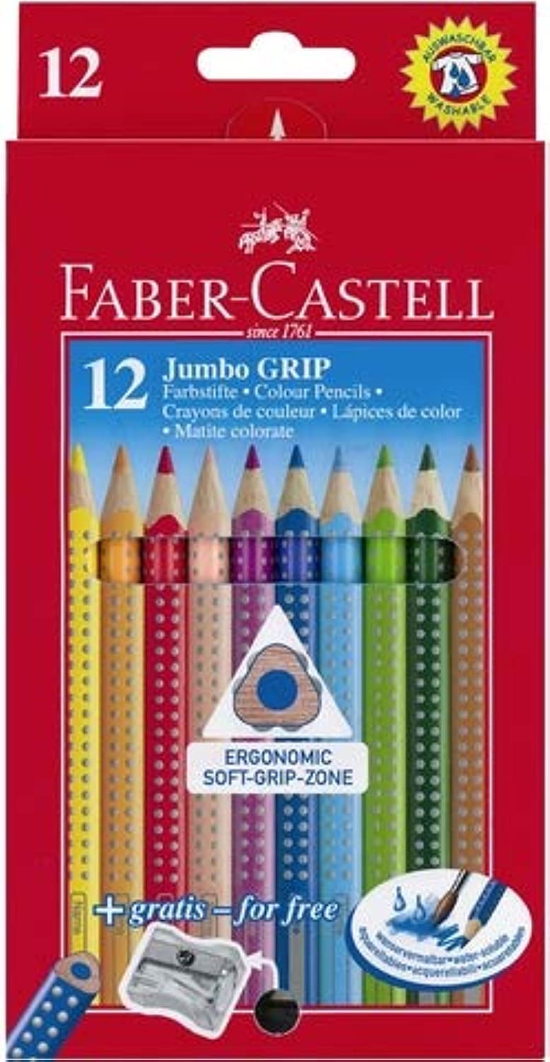 Faber Castell 12 JUMBO GRIP COLOUR PENCILS + SHARPENER