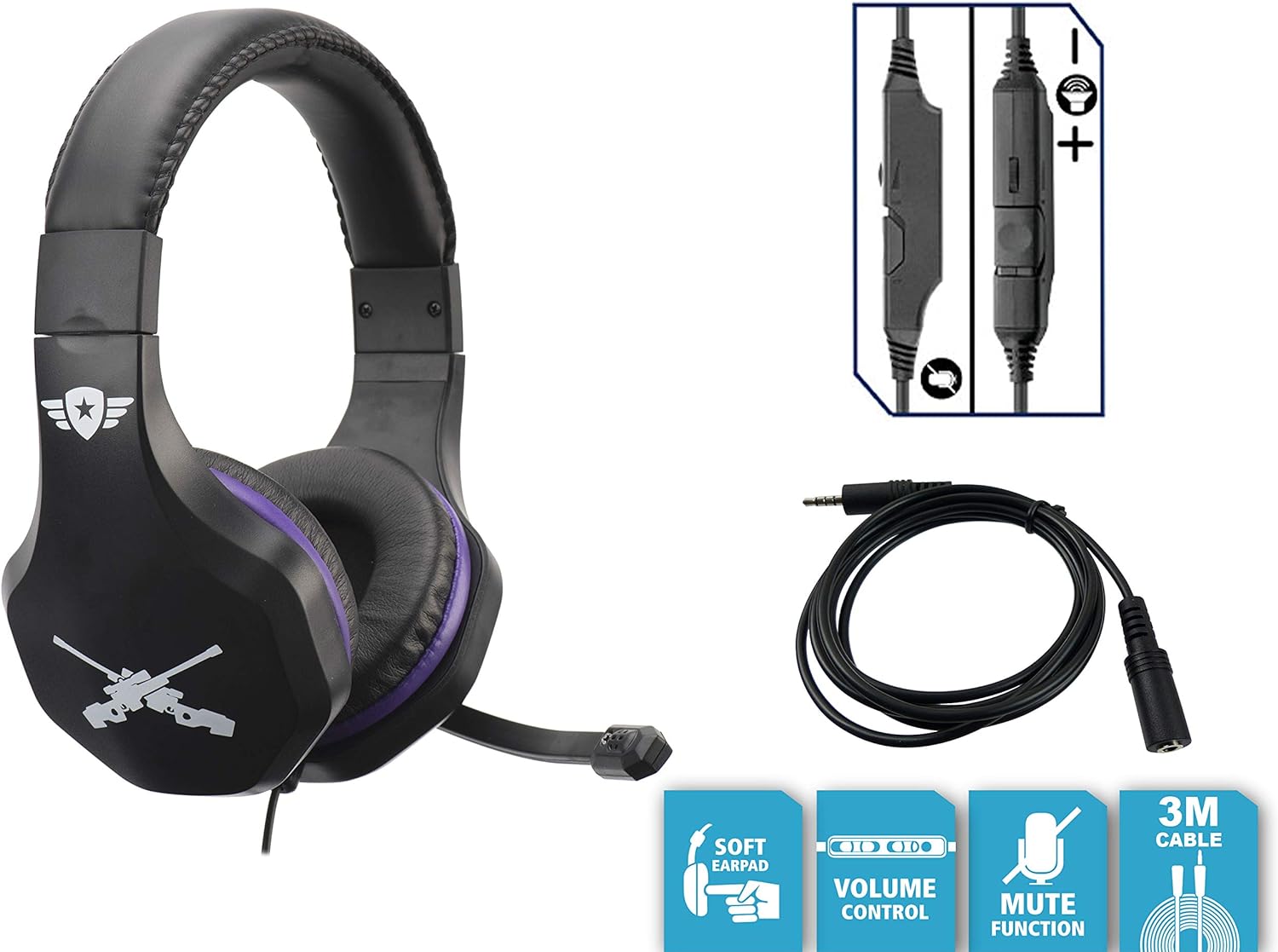 Subsonic Gaming Headset with microphone for Playstation 4 - PS4 Slim - PS4 Pro - Xbox One - PC - Nintendo Switch - Gamer Battle Royal accessory edition with cable extension for Switch BATTLE ROYALE 3 METERS