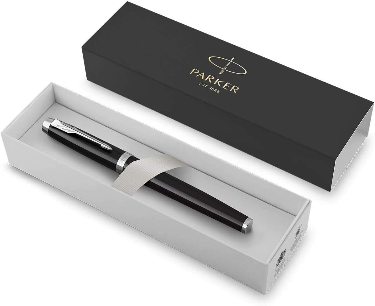 Parker IM Fountain Pen | Black Lacquer with Chrome Trim | Medium Nib with Blue Ink Refill | Gift Box