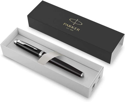 Parker IM Fountain Pen | Black Lacquer with Chrome Trim | Medium Nib with Blue Ink Refill | Gift Box