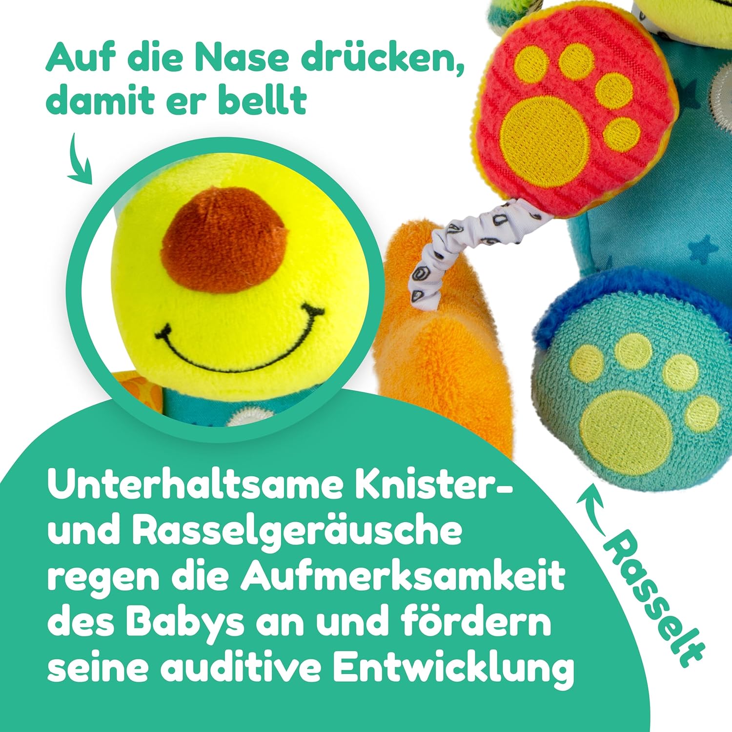 Lamaze Baby Spielzeug "Lustiger Soundhund" Clip & Go, das hochwertige Kleinkindspielzeug. Der quietschbunte Greifling fördert die Motorik und ist das perfekte Kinderwagenspielzeug und Kuscheltier, Meh