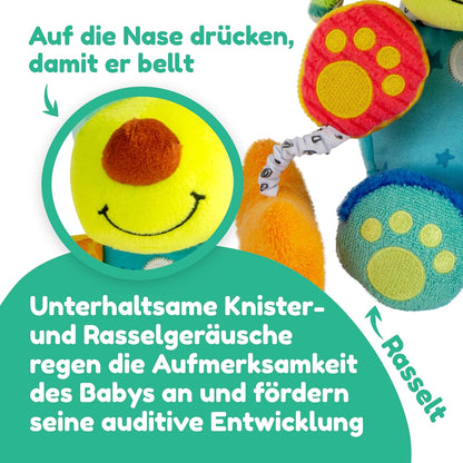 Lamaze Baby Spielzeug "Lustiger Soundhund" Clip & Go, das hochwertige Kleinkindspielzeug. Der quietschbunte Greifling fördert die Motorik und ist das perfekte Kinderwagenspielzeug und Kuscheltier, Meh