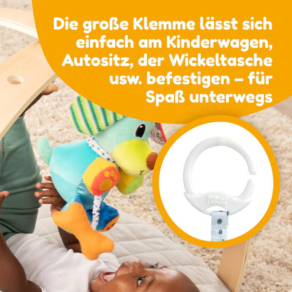 Lamaze Baby Spielzeug "Lustiger Soundhund" Clip & Go, das hochwertige Kleinkindspielzeug. Der quietschbunte Greifling fördert die Motorik und ist das perfekte Kinderwagenspielzeug und Kuscheltier, Meh