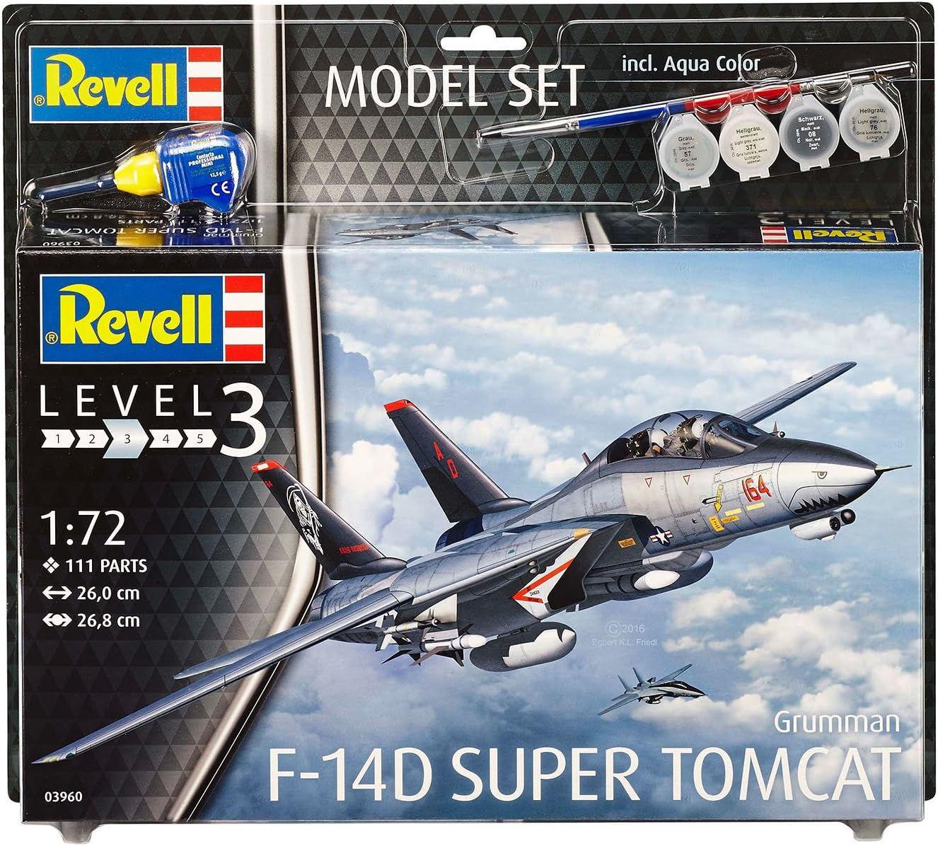 Revell Model Set 63960 F-14D Super Tomcat 1:72 Scale Unbuilt/Unpainted Plastic Model Kit with Contacta Professional Glue, Paintbrush & Selected Aqua Color Paints