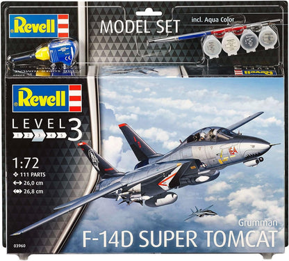 Revell Model Set 63960 F-14D Super Tomcat 1:72 Scale Unbuilt/Unpainted Plastic Model Kit with Contacta Professional Glue, Paintbrush & Selected Aqua Color Paints