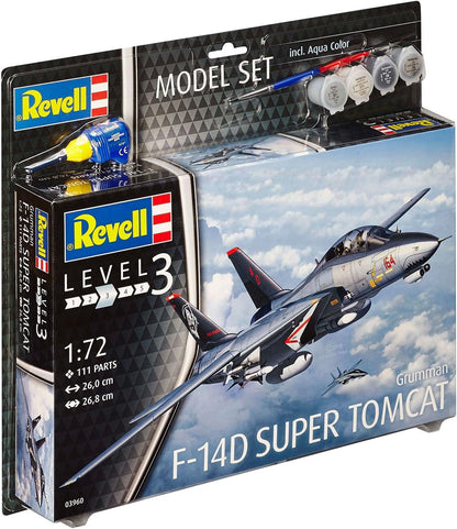 Revell Model Set 63960 F-14D Super Tomcat 1:72 Scale Unbuilt/Unpainted Plastic Model Kit with Contacta Professional Glue, Paintbrush & Selected Aqua Color Paints